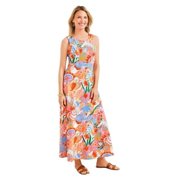 Talbots Sleeveless Jersey Maxi Dress Marvelous Floral Stretch Large Petite New - Picture 1 of 13